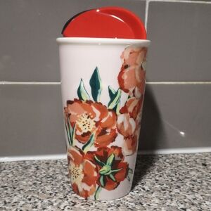 Starbucks 10oz / 296ml Red Floral White Ceramic Travel Tumbler